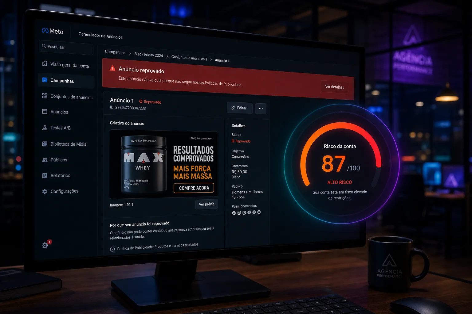 Ads Manager com anúncio reprovado e medidor de risco Soul From